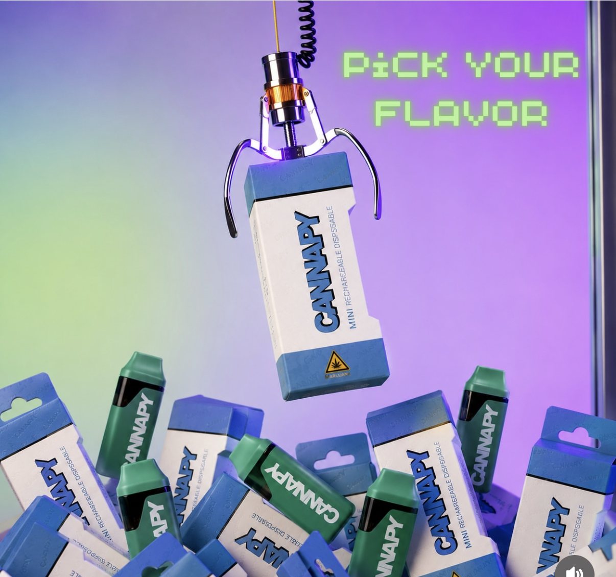 Claw machine grabbing a Cannapy vape — pick your flavor